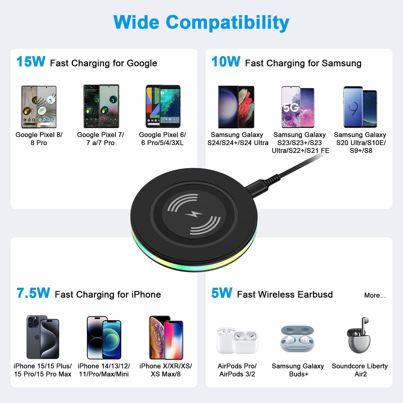 15W Samsung Wireless Charger Fast Charging for Samsung Galaxy S24 S23 Ultra S22+ S21 S20 FE S10 S9, Wireless Charger Pad Phone Charging Station for iPhone 15 14 13 12 11, Google Pixel 8 Pro 7a 6 Pro