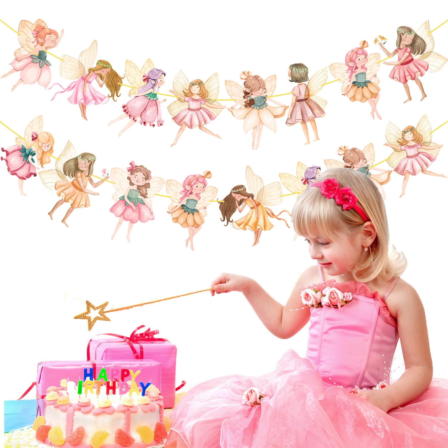 Fairy Party Banner Flower Fairy Banners 2Pcs Fairies Birthday Party Cutout Decorations for Fairy Tale Wonderland Baby Shower Supplies