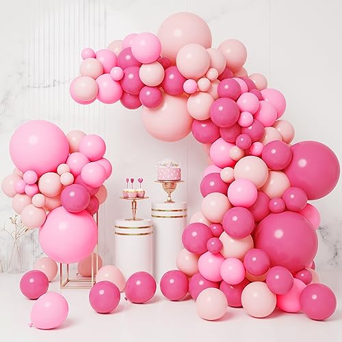 RUBFAC 156pcs Pink Balloons Garland Arch Kit, 5/10/12/18 Inch Hot Pink Light Pink Balloons for Mother’s Day Wedding Girl’s Birthday Baby Shower Princess Theme Party Decorations