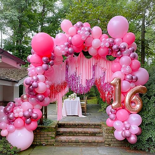 RUBFAC 156pcs Pink Balloons Garland Arch Kit, 5/10/12/18 Inch Hot Pink Light Pink Balloons for Mother’s Day Wedding Girl’s Birthday Baby Shower Princess Theme Party Decorations