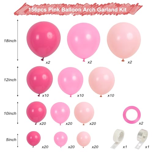 RUBFAC 156pcs Pink Balloons Garland Arch Kit, 5/10/12/18 Inch Hot Pink Light Pink Balloons for Mother’s Day Wedding Girl’s Birthday Baby Shower Princess Theme Party Decorations