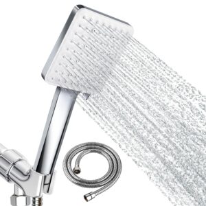 newentor handheld high pressure shower head, 6 spray modes/settings detachable shower head, chrome finish square shower head with stainless steel hose and multi-angle adjustable shower stand, s02set