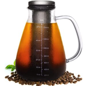 ymmind cold brew iced coffee maker 51oz, brewed coffee pot with removable double mesh 304 stainless steel filter, bpa-free cold brew pitcher glass container, tea maker