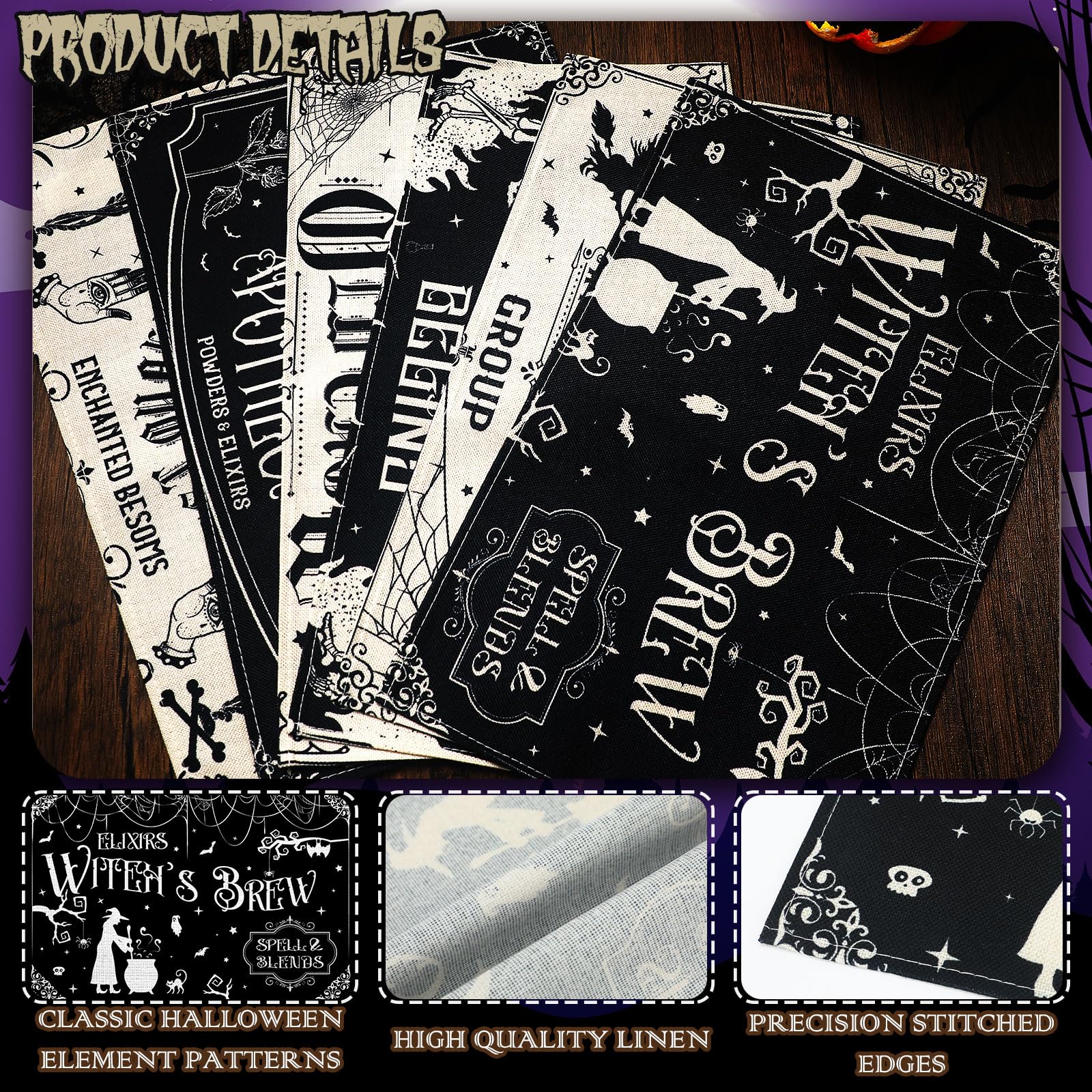 Umigy 6 Pcs Halloween Placemats 12"x18" Gothic Bat Placemats Kitchen Decoration Washable Witch Placemats Rectangle Skull Table Mats for Halloween Dining Table Accessories (Black White Character Style)