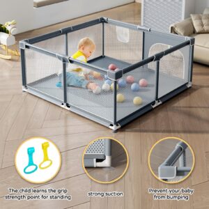 TOMBOSS Baby playpen.50“x50”Baby Play Yard for Toddler.Indoor & Outdoor Kids Activity Center with.with Soft and Breathable mesh.with Door.(Gray)