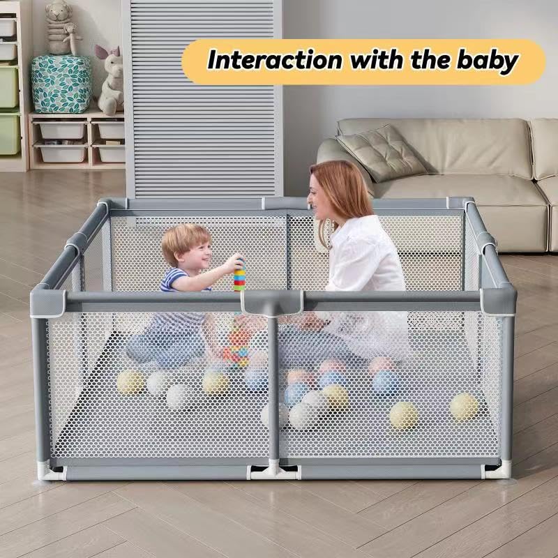 TOMBOSS Baby playpen.50“x50”Baby Play Yard for Toddler.Indoor & Outdoor Kids Activity Center with.with Soft and Breathable mesh.with Door.(Gray)