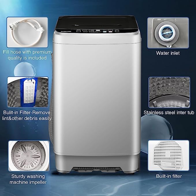 QIYO Full Automatic Washing Machine: Portable 15.6 lbs Washer with Drain Pump, LED Display, and Versatile Program Selections - Perfect for Apartment, Dorm, RV, Camping (Gray)