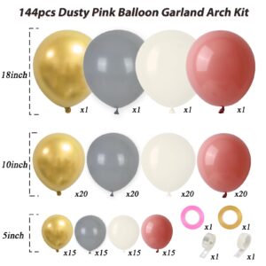 RUBFAC 144Pcs Boho Blush Balloons Garland, Pink And Gold Balloon Arch Kit, Dusty Pink Grey Sand White Balloons for Girl Birthday Wedding Baby Shower Party Decorations