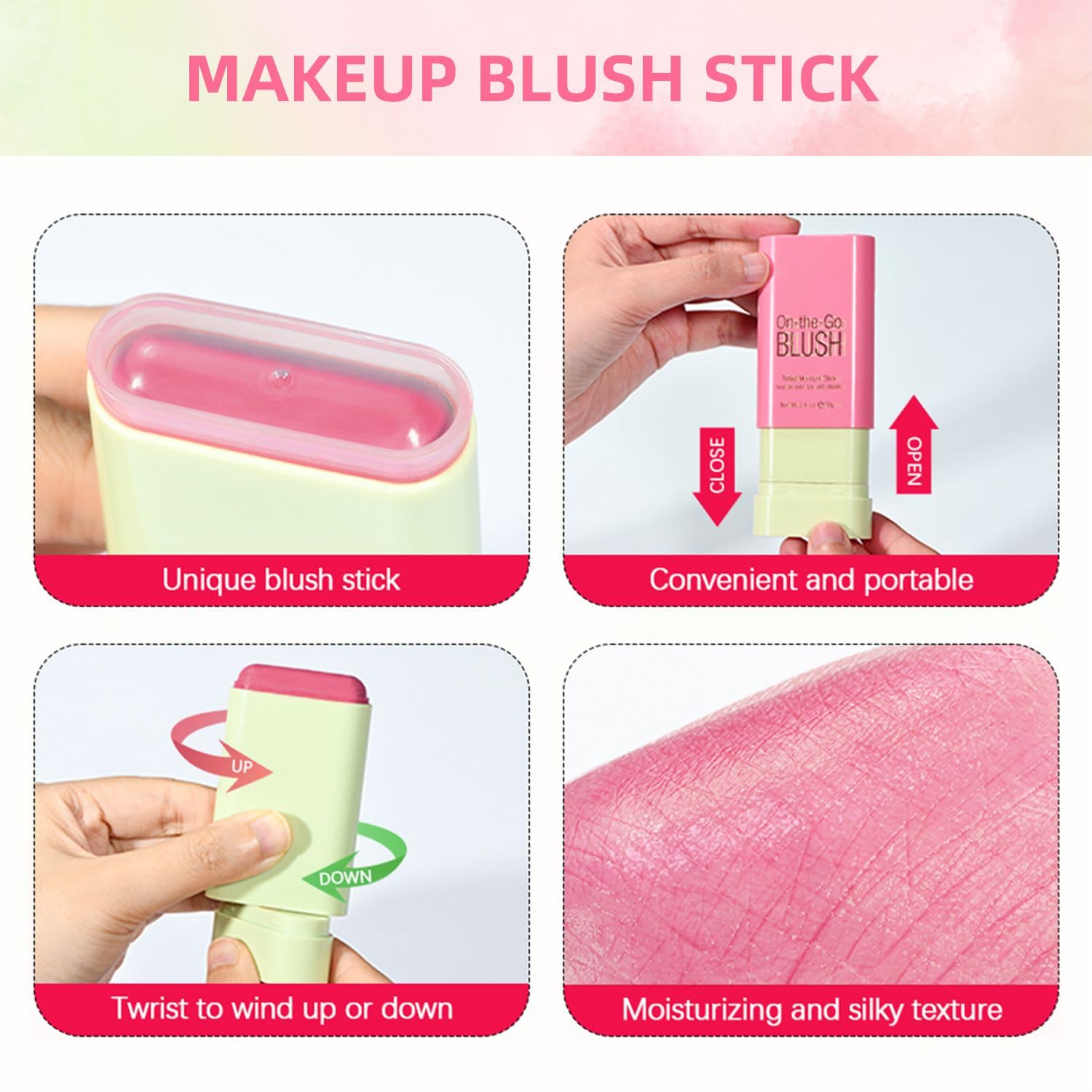 YALINCMOO Makeup Blush Stick, Liquid Highlighter, Belt Double Ended Makeup Brush, Multi-Use Red Blush Stick Moonlight Face Highlighter for All Skin (Pink)