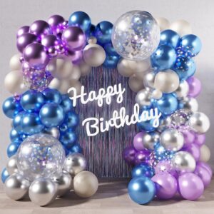 rubfac 136pcs blue and purple balloons arch garland kit, 18/12/5 inch metallic blue party balloons set silver confetti latex balloons for birthday wedding baby shower gender reveal deorations