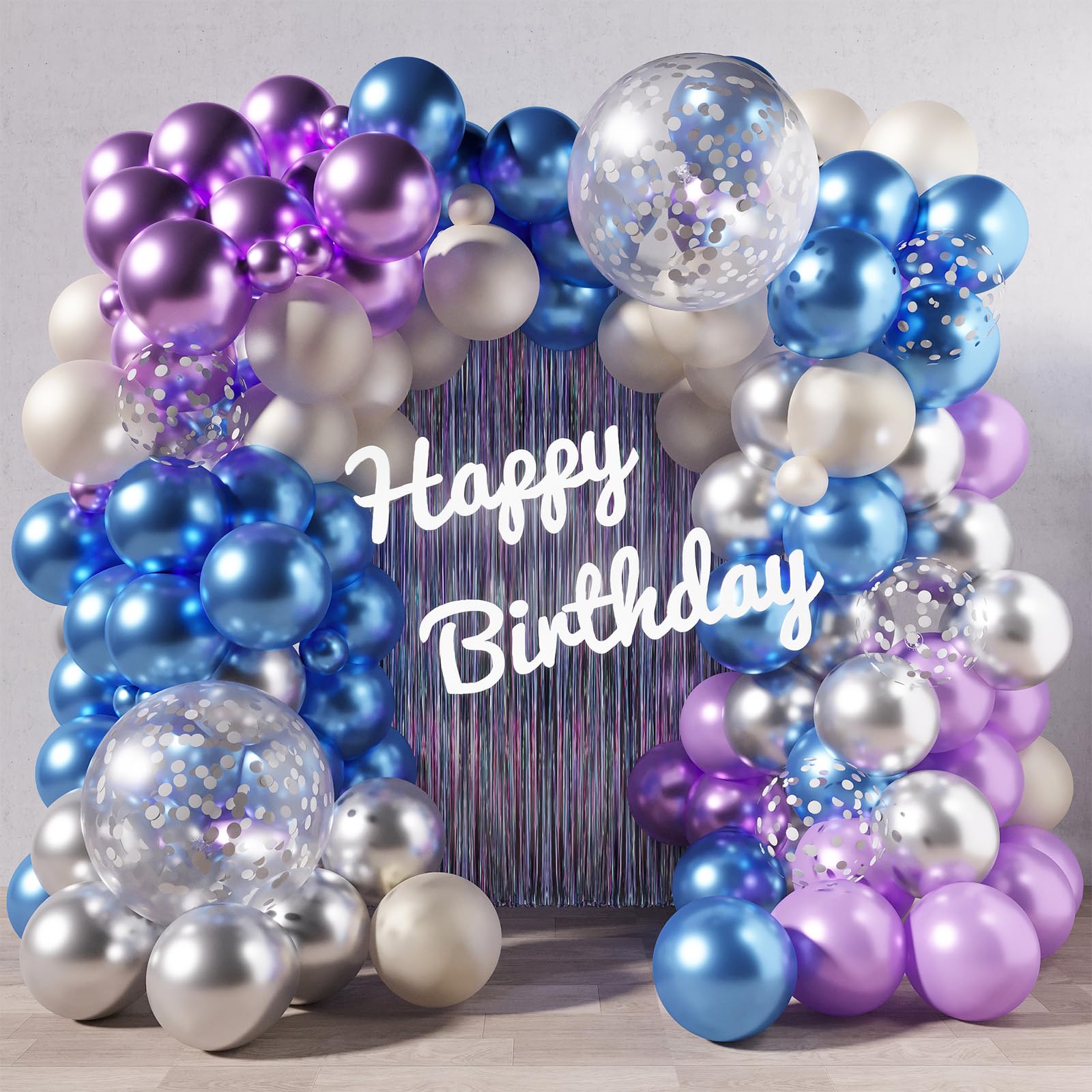 RUBFAC 136Pcs Blue and Purple Balloons Arch Garland Kit, 18/12/5 Inch Metallic Blue Party Balloons Set Silver Confetti Latex Balloons for Birthday Wedding Baby Shower Gender Reveal Deorations