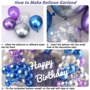 RUBFAC 136Pcs Blue and Purple Balloons Arch Garland Kit, 18/12/5 Inch Metallic Blue Party Balloons Set Silver Confetti Latex Balloons for Birthday Wedding Baby Shower Gender Reveal Deorations