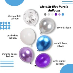 RUBFAC 136Pcs Blue and Purple Balloons Arch Garland Kit, 18/12/5 Inch Metallic Blue Party Balloons Set Silver Confetti Latex Balloons for Birthday Wedding Baby Shower Gender Reveal Deorations