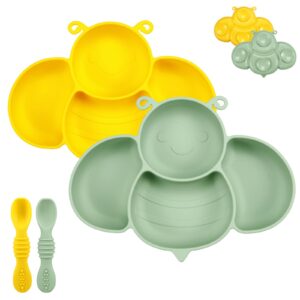 pandaear 2 pack silicone suction plates for baby, divided unbreakable toddler plate with 2 pack spoons for self feeding, babies utensils feeding set baby eating supplies, bee shape, yellow&green