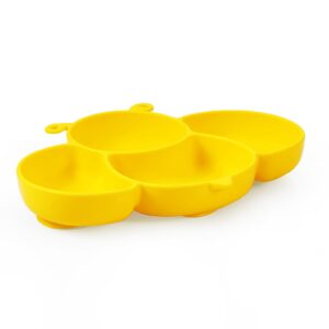 PandaEar 2 Pack Silicone Suction Plates for Baby, Divided Unbreakable Toddler Plate with 2 Pack Spoons for Self Feeding, Babies Utensils Feeding Set Baby Eating Supplies, Bee Shape, Yellow&Green