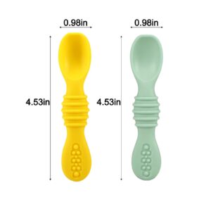 PandaEar 2 Pack Silicone Suction Plates for Baby, Divided Unbreakable Toddler Plate with 2 Pack Spoons for Self Feeding, Babies Utensils Feeding Set Baby Eating Supplies, Bee Shape, Yellow&Green