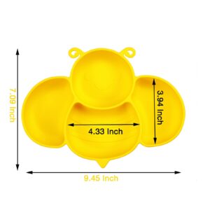 PandaEar 2 Pack Silicone Suction Plates for Baby, Divided Unbreakable Toddler Plate with 2 Pack Spoons for Self Feeding, Babies Utensils Feeding Set Baby Eating Supplies, Bee Shape, Yellow&Green