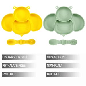 PandaEar 2 Pack Silicone Suction Plates for Baby, Divided Unbreakable Toddler Plate with 2 Pack Spoons for Self Feeding, Babies Utensils Feeding Set Baby Eating Supplies, Bee Shape, Yellow&Green