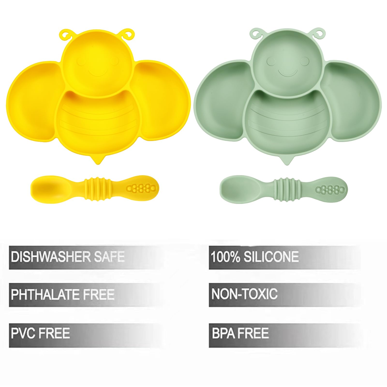 PandaEar 2 Pack Silicone Suction Plates for Baby, Divided Unbreakable Toddler Plate with 2 Pack Spoons for Self Feeding, Babies Utensils Feeding Set Baby Eating Supplies, Bee Shape, Yellow&Green