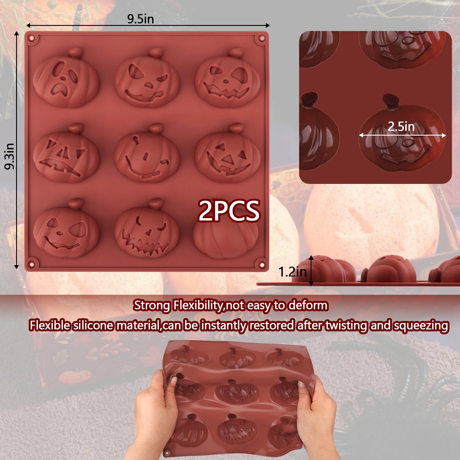 Halloween Molds Silicone for Hot Chocolate Bomb, 2 Pcs 9-Cavity Pumpkin Hot Cocoa Bomb Mold for Halloween Thanksgiving Fall Baking, Hot Chocolate Bombs, Cocoa Bomb, Cake, Jelly