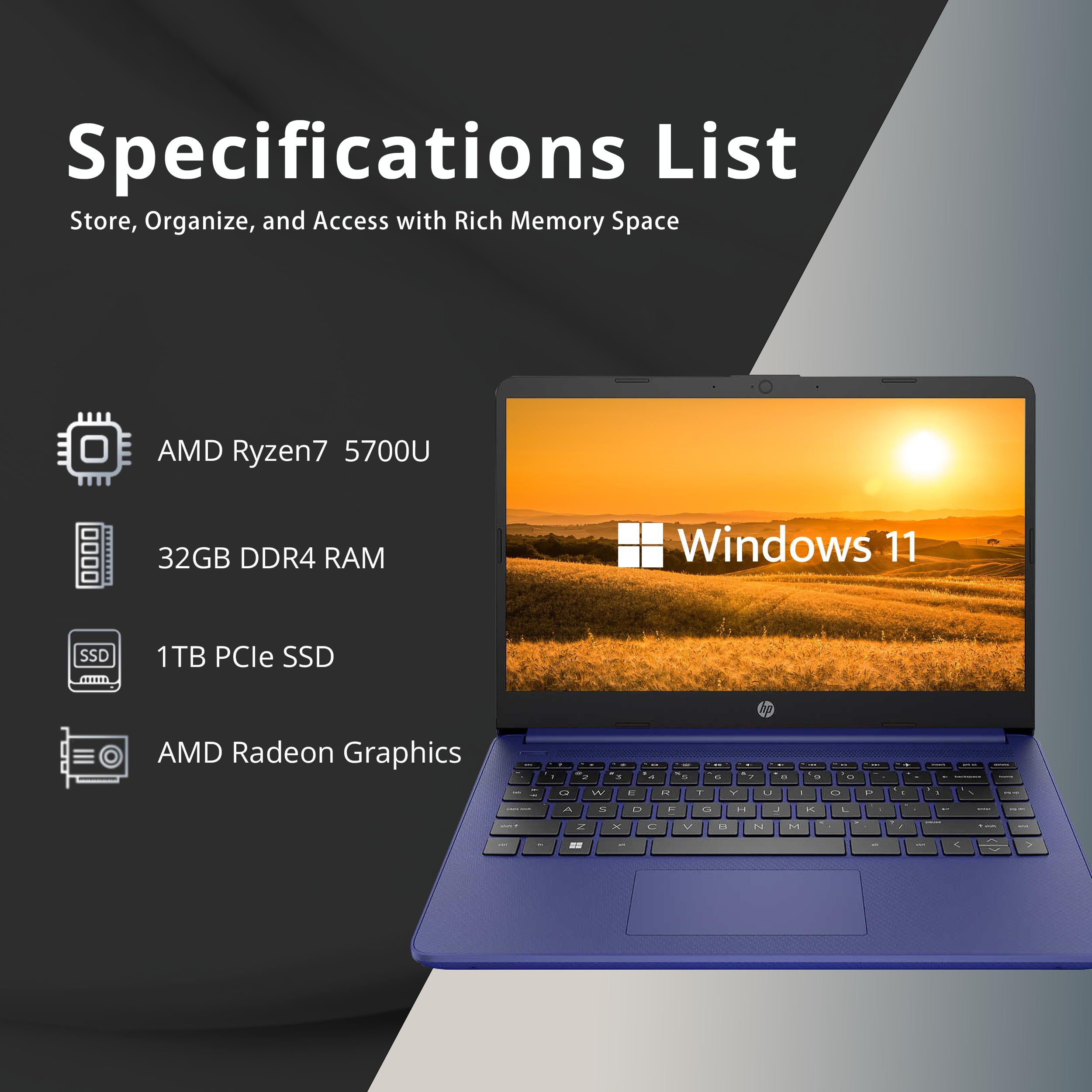 HP 14” HD Touchscreen Laptop, AMD Ryzen 7-5700U, 32GB RAM, 1TB PCIe SSD, AMD Radeon Graphics, HD Webcam, WI-FI 6, Bluetooth, HDMI, Blue, Windows 11, 32GB USB Card