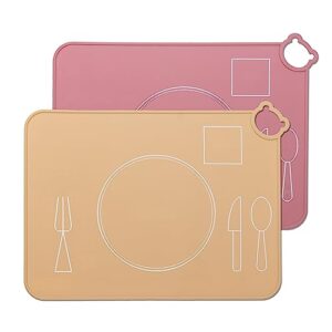silicone baby placemat, kids placemats for dining table, montessori placemat, non slip placemat for toddler, waterproof, washable, portable placemat set of 2 (beige+powder)