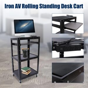 Large AV Cart Rolling Standing Desk Projector Cart on Wheels with Power Strip Cord Management Easy to Assemble for Classroom Conference Room Office Library Kitchen (Black)