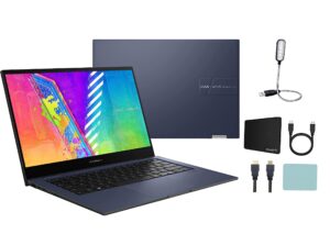asus vivobook go 14 flip thin and light 2-in-1 laptop, 14'' hd touch, intel celeron n4500, 4gb ram, 64gb emmc + 512gb ssd, numberpad, win 11, 1-year microsoft 365, quiet blue + accessories