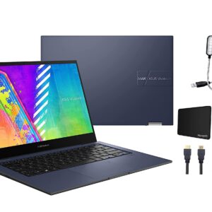 ASUS VivoBook Go 14 Flip Thin and Light 2-in-1 Laptop, 14'' HD Touch, Intel Celeron N4500, 4GB RAM, 64GB eMMC + 512GB SSD, NumberPad, Win 11, 1-Year Microsoft 365, Quiet Blue + Accessories