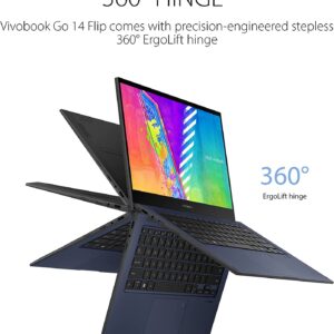ASUS VivoBook Go 14 Flip Thin and Light 2-in-1 Laptop, 14'' HD Touch, Intel Celeron N4500, 4GB RAM, 64GB eMMC + 512GB SSD, NumberPad, Win 11, 1-Year Microsoft 365, Quiet Blue + Accessories