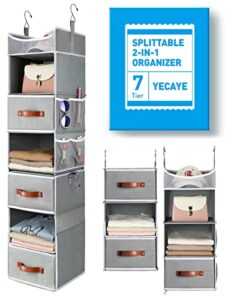 yecaye upgraded 7-shelf hanging closet organizers and storage with 3 drawers 4 side pockets, 2 flexible 3-shelf closet organizer system, clothes organizer shelves for bedroom closet rack