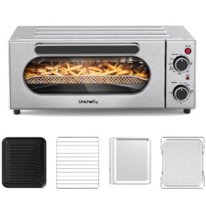 unichefry toaster oven air fryer combo with 4 accessories, 1800w 15l countertop convection toster oven fits 9 slices or 12" pizza, stainless steel with 4 functions including convection, bake & broil