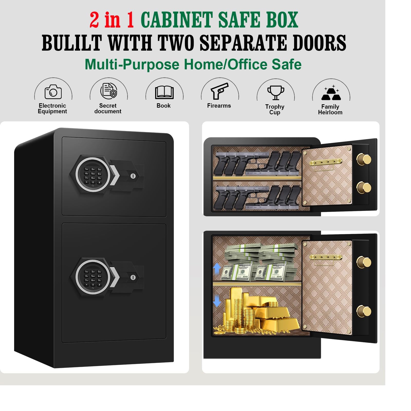 6.1 Cu ft Extra Large Home Safe Fireproof Waterproof, Anti-Theft Digital Home Security Safe Box With Hidden Compartment, Double Safes, Separate Lock Box and Led Light（31.1" x 17.0" x 15.9"）