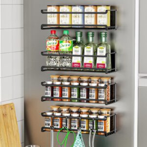 bunoxea magnetic spice rack organizer for refrigerator，moveable strong magnetic shelf with 4 removable hooks，metal kitchen organizer for space saver (4 pack black)