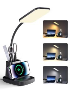 golspark desk lamp with wireless charger, led desk lamp for home office 3 color modes cri90+ eye-caring reading light with pen holder, dimmable gooseneck touch control table lamp for college dorm room