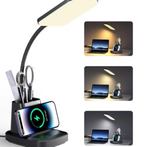 GOLSPARK Desk Lamp with Wireless Charger, LED Desk Lamp for Home Office 3 Color Modes CRI90+ Eye-Caring Reading Light with Pen Holder, Dimmable Gooseneck Touch Control Table Lamp for College Dorm Room