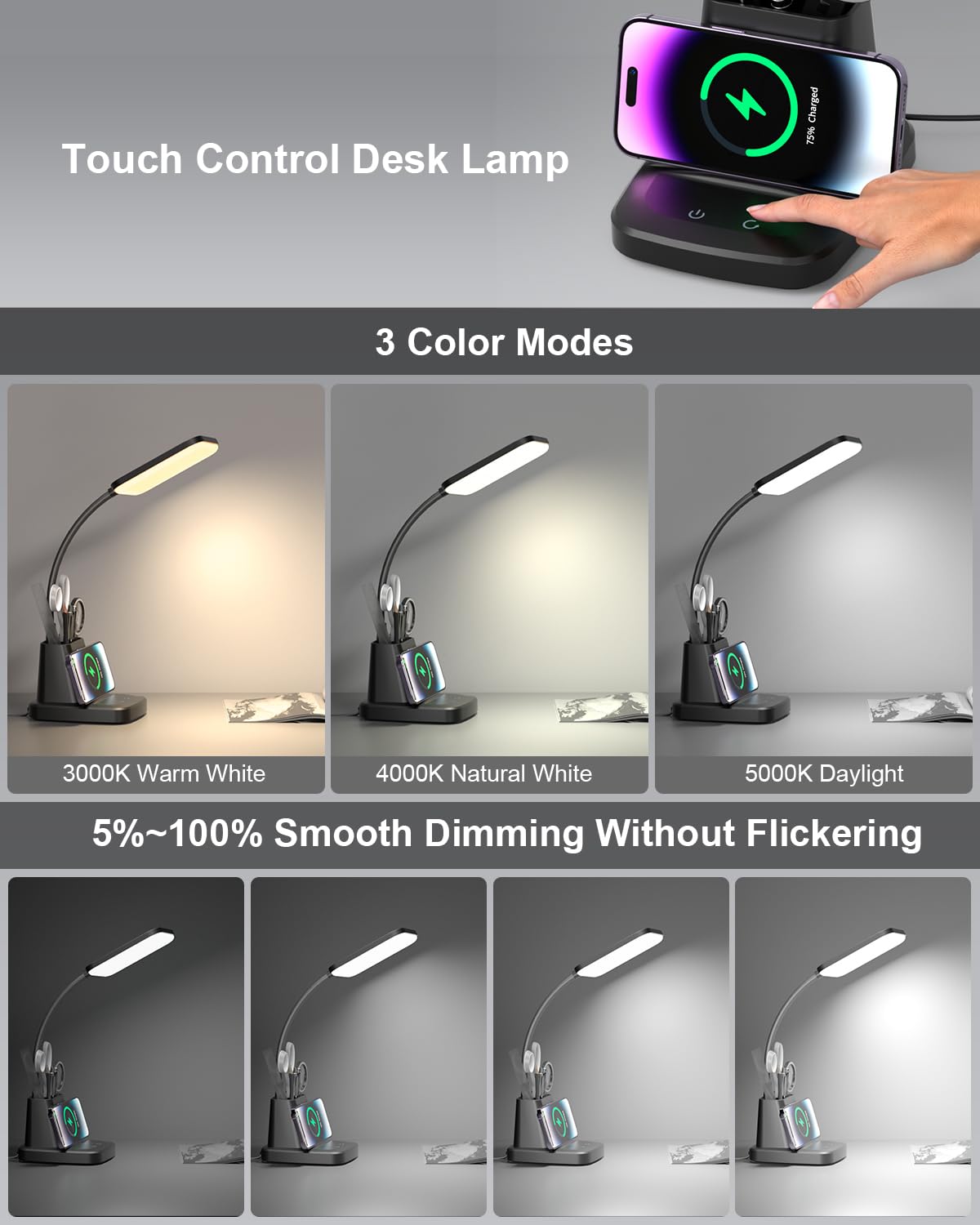 GOLSPARK Desk Lamp with Wireless Charger, LED Desk Lamp for Home Office 3 Color Modes CRI90+ Eye-Caring Reading Light with Pen Holder, Dimmable Gooseneck Touch Control Table Lamp for College Dorm Room