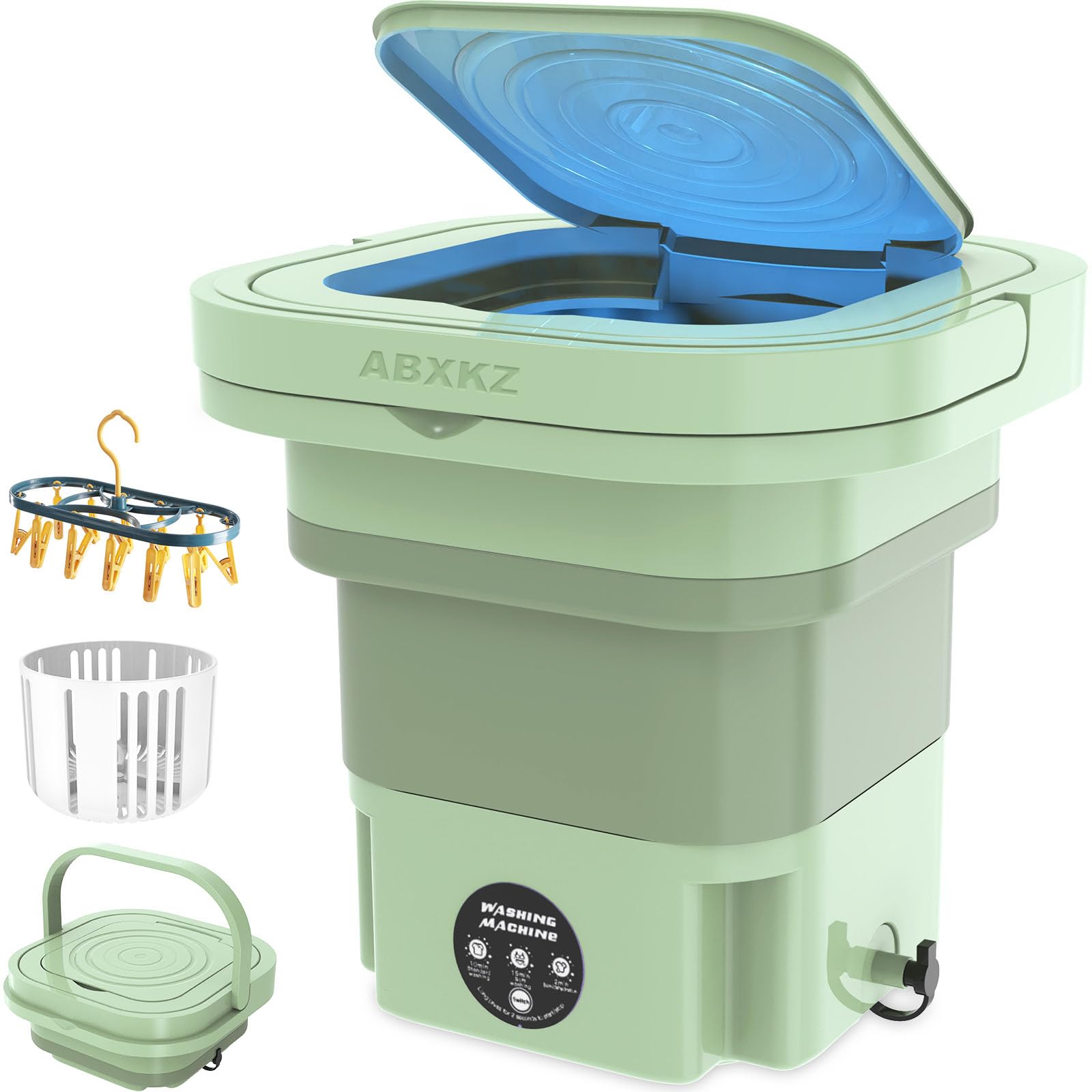 ABXKZ Mini Washing Machine 8L Capacity Portable Washing Machine Small Foldable Bucket Washer and Spin Dryer Intelligent Laundry Machine with 3 Modes Deep Cleaning Underwear Socks Baby Clothes Green