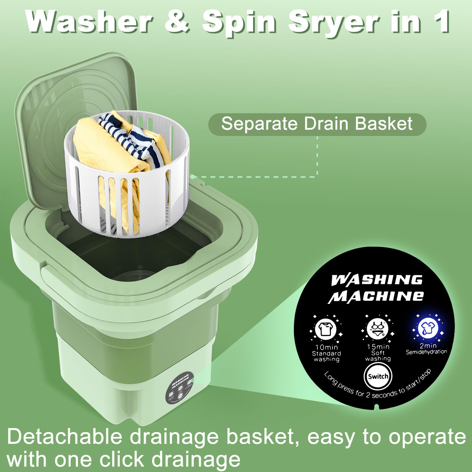 ABXKZ Mini Washing Machine 8L Capacity Portable Washing Machine Small Foldable Bucket Washer and Spin Dryer Intelligent Laundry Machine with 3 Modes Deep Cleaning Underwear Socks Baby Clothes Green