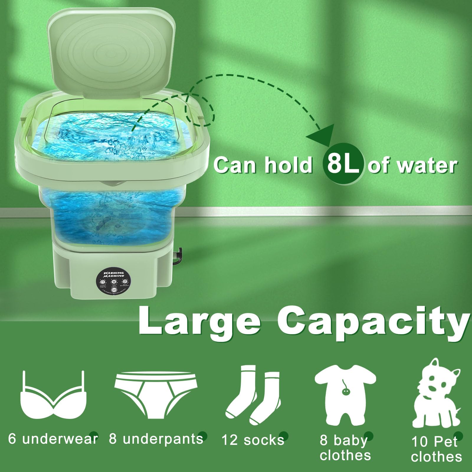 ABXKZ Mini Washing Machine 8L Capacity Portable Washing Machine Small Foldable Bucket Washer and Spin Dryer Intelligent Laundry Machine with 3 Modes Deep Cleaning Underwear Socks Baby Clothes Green