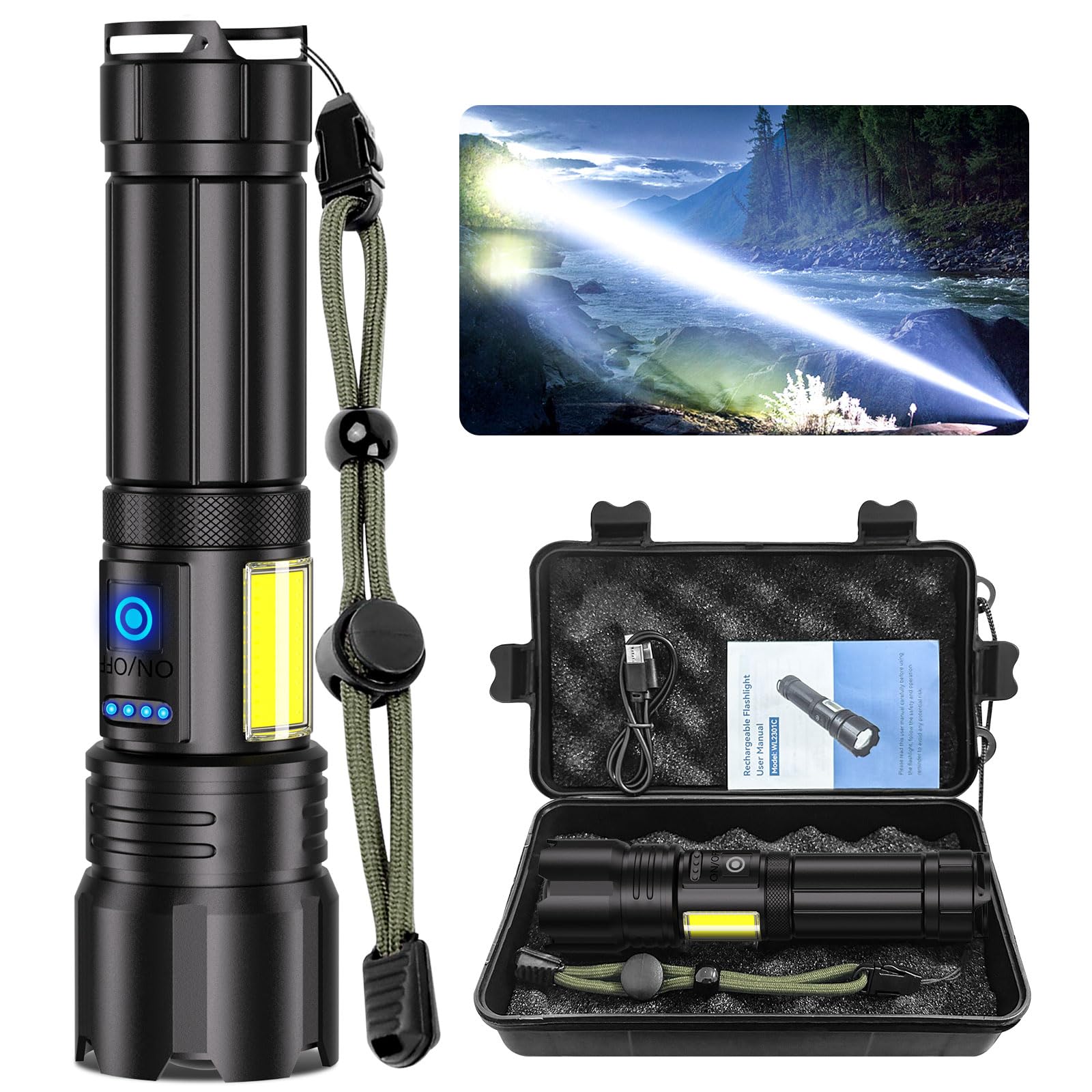 Flashlight High Lumens, Rechargeable Super Bright 30000 Lumen LED Tactical Flashlights 1800M Long Throw Spotlight with Cob Side Light,Zoomable, Waterproof Flashlight for Home Emergency Camping Search