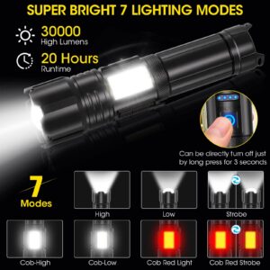 Flashlight High Lumens, Rechargeable Super Bright 30000 Lumen LED Tactical Flashlights 1800M Long Throw Spotlight with Cob Side Light,Zoomable, Waterproof Flashlight for Home Emergency Camping Search