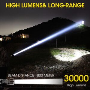 Flashlight High Lumens, Rechargeable Super Bright 30000 Lumen LED Tactical Flashlights 1800M Long Throw Spotlight with Cob Side Light,Zoomable, Waterproof Flashlight for Home Emergency Camping Search