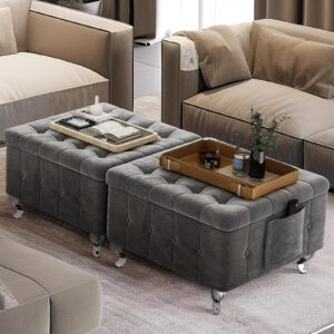 dklgg large square storage ottoman tufted, oversized ottoman coffee table for living room, velvet upholstered ottoman with storage, grey ottoman bench for bedroom