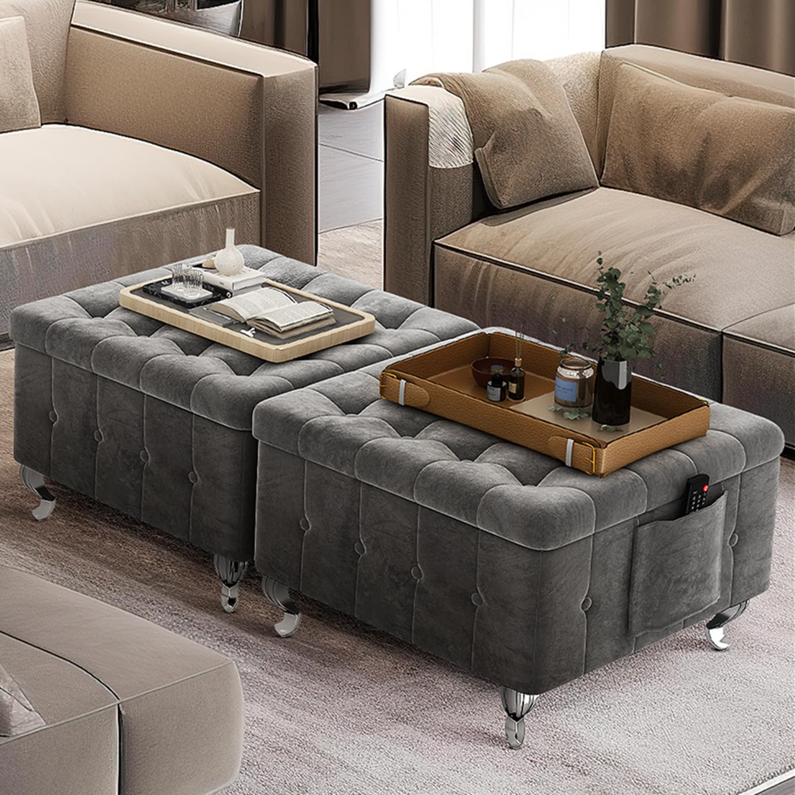 DKLGG Large Square Storage Ottoman Tufted, Oversized Ottoman Coffee Table for Living Room, Velvet Upholstered Ottoman with Storage, Grey Ottoman Bench for Bedroom