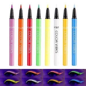 anyi 8 colors uv glow neon eyeliner set, matte colorful eyeliner pen, neon makeup face paint, rainbow graphic eyeliner uv glow in the dark for halloween costume holiday birthday masquerades
