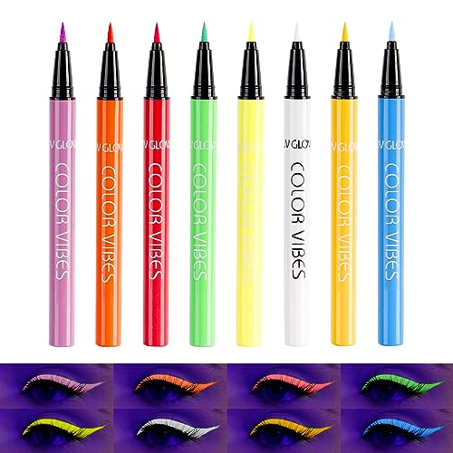 ANYI 8 Colors UV Glow Neon Eyeliner Set, Matte Colorful Eyeliner Pen, Neon Makeup Face Paint, Rainbow Graphic Eyeliner UV Glow in the Dark for Halloween Costume Holiday Birthday Masquerades