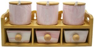 stephanie imports set of 6 tiered marble ceramic condiment spice jars & drawers with spoons, bamboo lids and rack (pink)