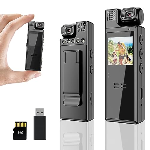 Mini Body Camera 1080P Portable Small Body Worn Cam Wearable Pocket Video Recorder with 180° Rotatable Lens, 1.3" LCD, Night Vision for Security Guard, Law Enforcement, Built-in 64G Memory Card