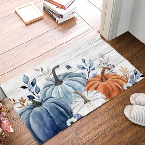 thanksgiving door mat, blue white and orange pumpkin fall welcome mat entrance door mat non-slip floor mat,bathroom decor memory foam soft rug bath mat 16x24inch